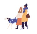 Happy people walking with dog in winter time. Scene of friends strolling with pet outdoors in wintertime. Colored flat