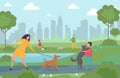 Happy people walking with dogs in the city park. Cartoon character adults and kids with pets vector illustration