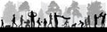 Happy people walking in park, silhouettes. Vector illustration