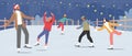 Happy People Wearing Warm Clothes Skating on Frozen Pond. Skaters on Ice Rink Engaged Winter Activities and Sports Royalty Free Stock Photo