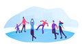 Happy People Wearing Warm Clothes Skating on Frozen Pond. Skaters on Ice Rink Engaged Winter Activities and Sports Royalty Free Stock Photo