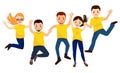 Happy people in Yellow T-shirts jumping celebrating victory. Royalty Free Stock Photo