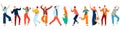 Happy people, young joyful laughing men and women dancing, jumping with raised hands isolated set of flat vector Royalty Free Stock Photo