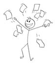 Happy Person or Businessman Smiling and Throwing Papers in Air , Vector Cartoon Stick Figure Illustration Royalty Free Stock Photo