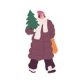 Happy person carrying Christmas fir tree and shopping bag. Woman going with firtree for winter holidays. Preparations