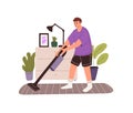 Happy person cleaning home with vacuum cleaner. Young man washing floor with electric mop. Boy making cleanup, chores