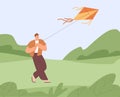 Happy person with flying air kite. Man kidult fly it to sky alone. Concept of holding and catching luck. Guy playing Royalty Free Stock Photo