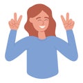 A happy person, gesturing a peace sign and sincerely smiling. Body language, nonverbal communication, positive emotion