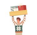 Happy person holding stack of Christmas gifts over head. Merry man with lot of Xmas and New Year present boxes in hands