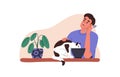 Happy person, pet owner having meal, stroking cute funny cat eating food from human lunch bowl. Breakfast of man and