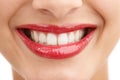 Happy person, red lipstick and closeup of teeth with makeup in cosmetics, gloss or dental treatment. Color lips of woman