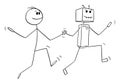 Happy Person Running Hand to Hand with Robot or Ai, Vector Cartoon Stick Figure Illustration Royalty Free Stock Photo