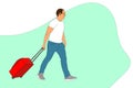 Happy person traveling with luggage. Tourist leaving with suitcase. Colored flat illustration of male traveler isolated Royalty Free Stock Photo