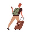 Happy person traveling with luggage. Tourist saying goodbye and leaving with suitcase, passport and ticket. Colored flat