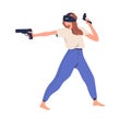 Happy person in VR glasses playing virtual game with augmented reality. Woman gamer in goggles shooting with gun in