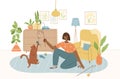 happy pet owner with dog in cozy interior of living room. Pet sitter and friendly service concept. People playing