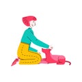 Happy pet owner petting her dog - young cartoon woman sitting down with animal