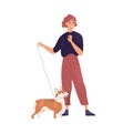 Happy pet owner standing with her small dog on leash. Young woman and short-legged doggy of Corgi breed. Flat vector