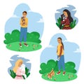 Happy pet owners, set with people and pets, cats, dogs, vector illustration in flat style