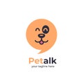 Happy pet talk logo with dog face on bubble chat idea speak speech round shape icon