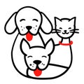 Happy pets hand drawn line illustration. Dogs and cat together round doodle logo for highlights. Domestic animals