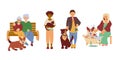 Happy pets owners Senior couple walk with corgi, african american woman hold cat, young man walk with big dog, young women wahing