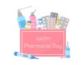 Happy Pharmacist day. Professional holiday celebration. Medical first aid kit isolated. Medicines pills, capsules, sprays, bottles