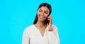 Happy phone call, business woman and studio with a Indian female talking and speaking. Mobile communication, online Royalty Free Stock Photo