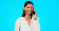 Happy phone call, business woman and studio with a Indian female talking and speaking. Mobile communication, online Royalty Free Stock Photo