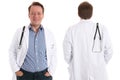 Happy physician, front and back