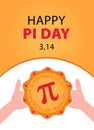 Happy Pi Day. Celebrate Pi Day. Baked Pie with Pi Symbol. March 14.