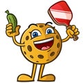 Happy Pickleball cartoon mascot holding a pickle and a paddle ready for a rousing game on the court
