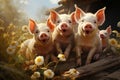 Happy pig family on the meadow in the mountains, funny pink piglet, animals on the farm Royalty Free Stock Photo