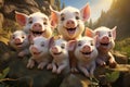 Happy pig family on the meadow in the mountains, funny pink piglet, animals on the farm Royalty Free Stock Photo