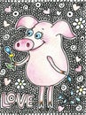 Happy pig with a flower in a hand. Cute piggy in cartoon style on white backgraund with hearts.