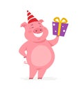 Happy pig with a present - cartoon character illustration