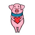 Happy pig with scarf and heart in hands for Chinese new year or Christmas or Valentines love day greeting card, holiday poster, br
