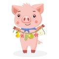 Happy Pig On White Background. Funny Cartoon Character Animals. Little Pig Holding Garland With Fruit And Leaves.