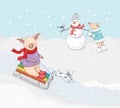 Happy piggies with snowman, dog and sleigh