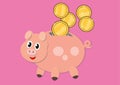 Happy piggy bank with golden coins rolling down isolated on pink background Royalty Free Stock Photo