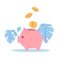Happy piggy bank with money golden coins vector illustration. Saving dollars money and pig money box idea with monstera Royalty Free Stock Photo