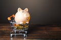 Happy piggy bank riding a money shopping cart. Get a lot of money. Prize, award. Payday. Profit from investments and deposits. Royalty Free Stock Photo