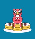 Happy pig piggy bank sitting on stacks of coins, vector illustration. Royalty Free Stock Photo