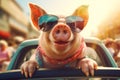 Happy piggy with sunglasses and with head out of the car window having fun. Enyoj vacancy trip. Generative AI