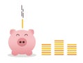 Happy piggybank surrounded by money towers made of coins with a coin falling into its deposit box. Vector illustration design