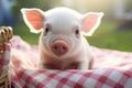 Happy piglets playing on the field, young funny pig on a spring green grass on the farm. Organic farming and agriculture Royalty Free Stock Photo