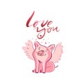 Happy pigs with love letters, presents for Valentine s day on white background. Royalty Free Stock Photo