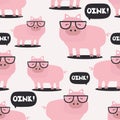 Happy pigs in glasses, seamless pattern