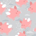 Happy pigs with wings, decorative cute background. Colorful seamless pattern with animals, clouds