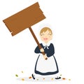 Pilgrim Girl Carrying a Wooden Sign Cartoon Vector